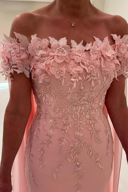 Pearl Pink Off the shoulder Cap sleeves Column Flowers Prom Dresses-Ballbella