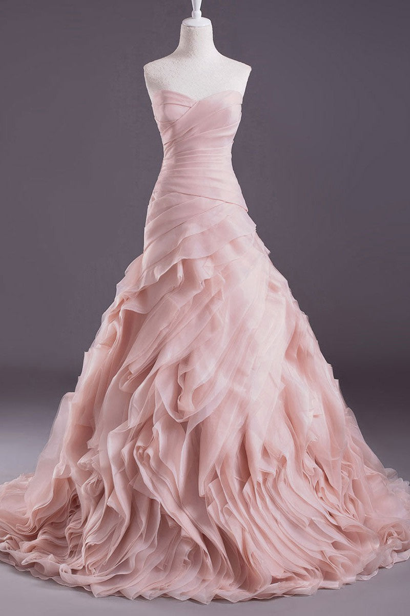 Pink A-line Strapless Sweetheart Neck Tiered Sweep Wedding Gown – Ballbella