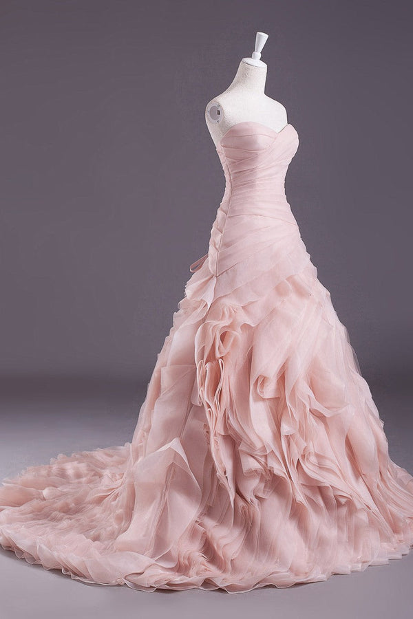 Pink A-Line Strapless Sweetheart Neck Tiered Sweep Wedding Gown-Ballbella
