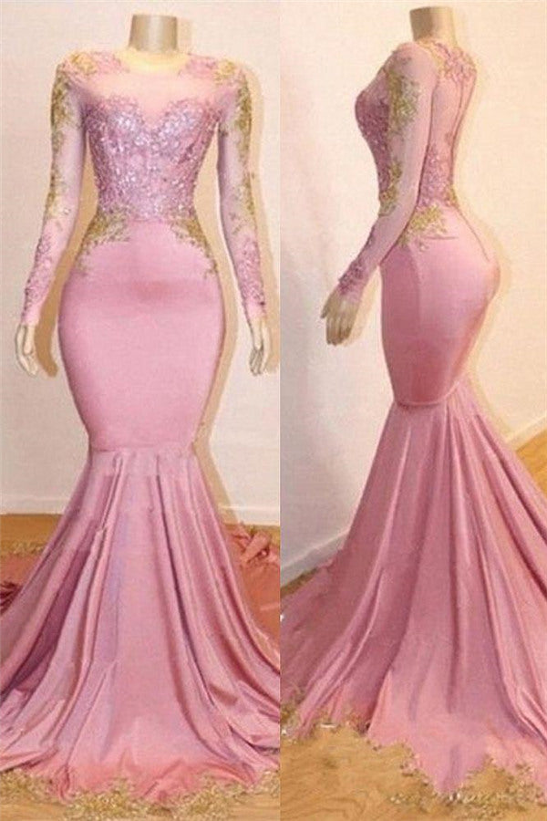 Pink Appliques Long Sleevess Prom Dresses New Arrival Gorgeous Mermaid Evening Gowns-Ballbella
