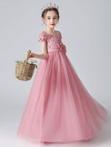 Pink flower girl dresses Bateau Neck Sleeveless Bows Formal Kids Pageant Dresses