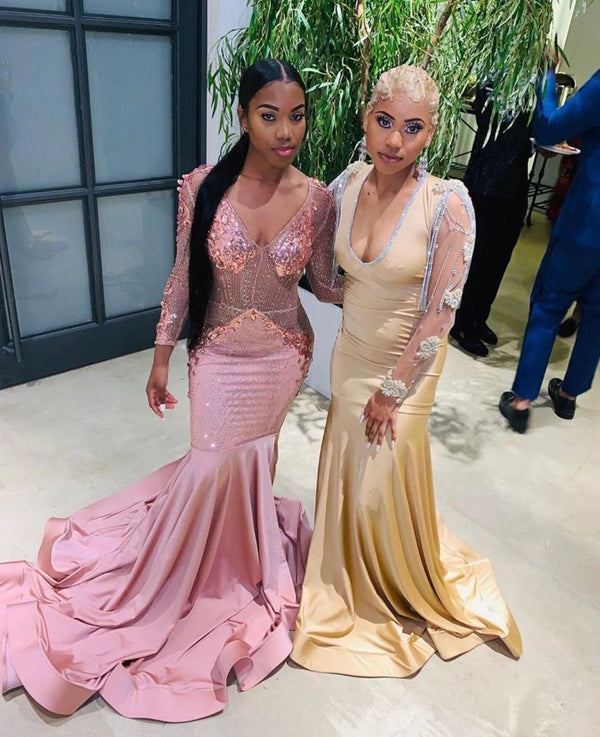 Ballbella offers Pink Beads Sequins Chic V-neck Prom Dresses Fit and Flare Long Sleeves Elegant Evening Gowns On Sale at an affordable price from to Mermaid skirts. Shop for gorgeous  collections for your big day.