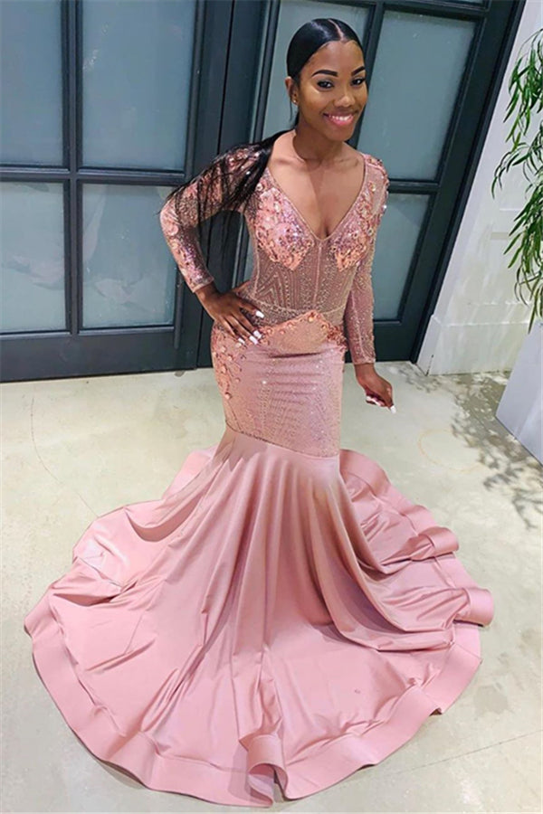 Ballbella offers Pink Beads Sequins Chic V-neck Prom Dresses Fit and Flare Long Sleeves Elegant Evening Gowns On Sale at an affordable price from to Mermaid skirts. Shop for gorgeous  collections for your big day.