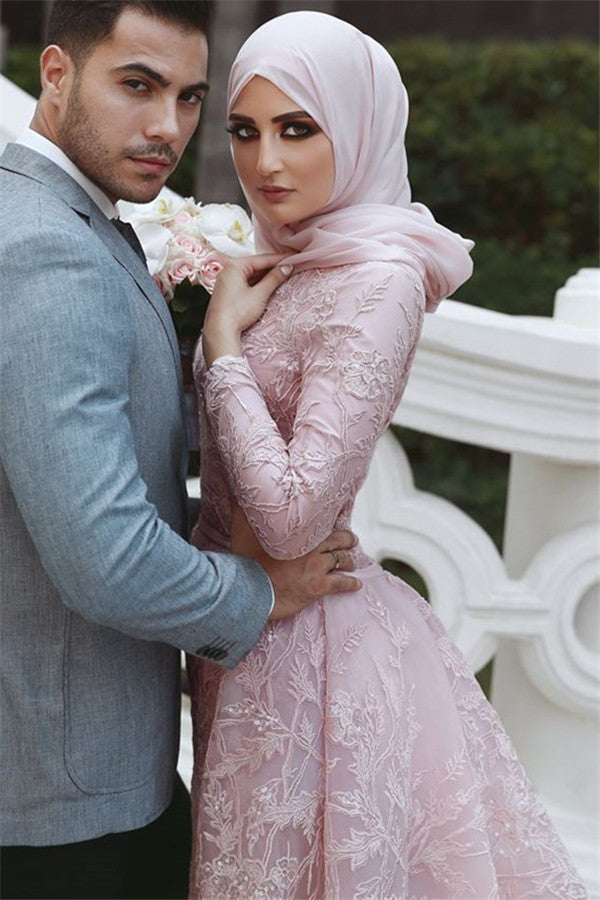 Pink Detachable Long-Sleeves Prom Dresses Appliques Lace Mermaid Evening Gowns-Ballbella