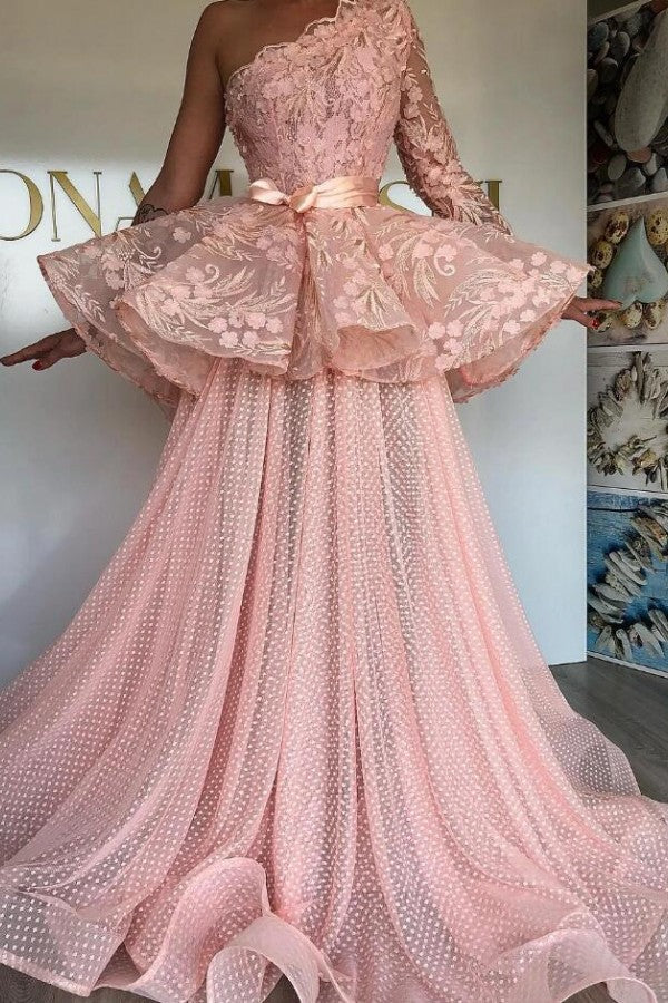 Pink Elegant Organza Long Prom Dress One Shoulder With Long Sleeve On One Side-Ballbella