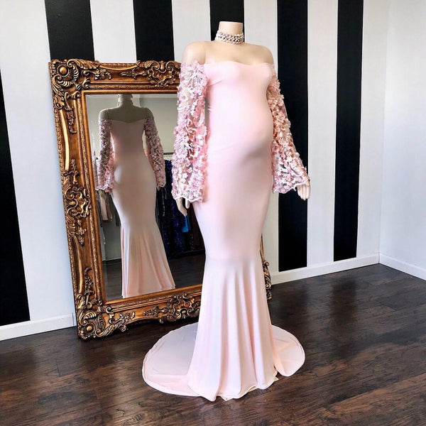 Looking for Evening Dresses, Real Model Series, Mother dress in Satin,  Column style,  and Gorgeous Lace work? Ballbella has all covered on this elegant Pink Floral Long Sleevess Mermaid Floor Length Pregnant Formal Dresses.