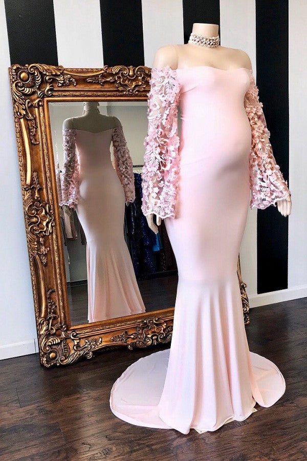 Looking for Evening Dresses, Real Model Series, Mother dress in Satin,  Column style,  and Gorgeous Lace work? Ballbella has all covered on this elegant Pink Floral Long Sleevess Mermaid Floor Length Pregnant Formal Dresses.