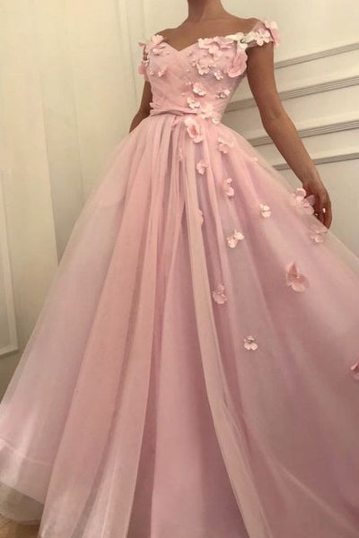 Lovelife Lovely Pink Tulle A-Line with Flowers Long Evening Gown Prom Dress, Light Pink Party Dresses
