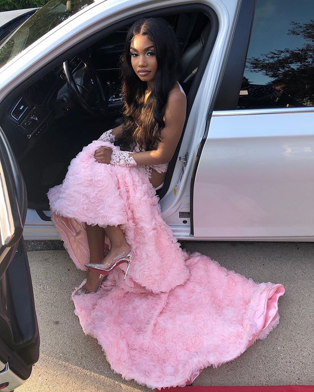 Ballbella offers Pink Flowers Chic V-neck Alluring Prom Dresses Sheer Tulle Appliques Fit and Flare Evening Gowns On Sale at an affordable price from to Mermaid skirts. Shop for gorgeous  collections for your big day.