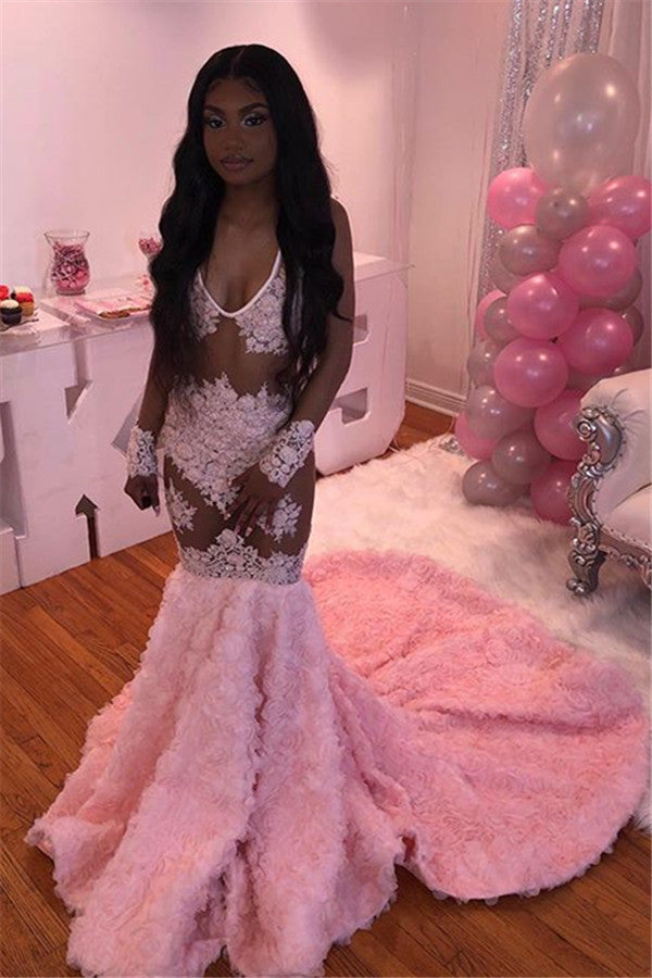 Ballbella offers Pink Flowers Chic V-neck Alluring Prom Dresses Sheer Tulle Appliques Fit and Flare Evening Gowns On Sale at an affordable price from to Mermaid skirts. Shop for gorgeous  collections for your big day.