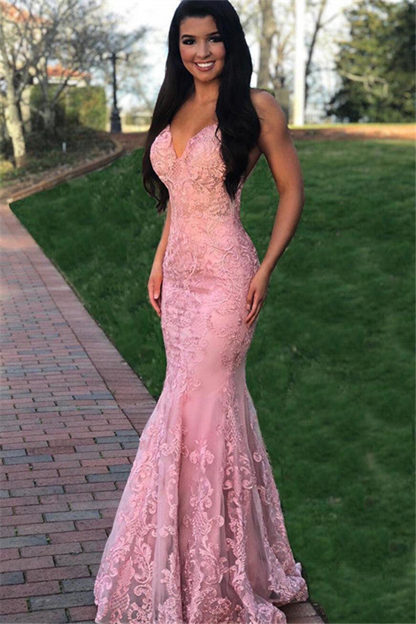 Pink Gorgeous Mermaid Sleeveless Lace Applique Prom Dresses-Ballbella