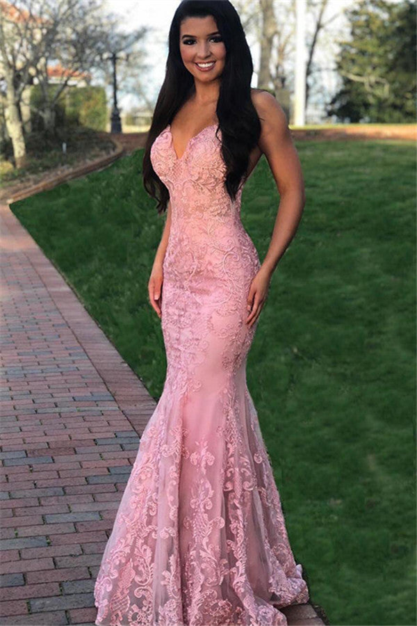 Still wondering where to buy trendy Pink Gorgeous Mermaid Sleeveless Lace Applique Prom Dresses online? Ballbella provides you 30+ colors Mermaid Prom Dresses with Slit online,  free shipping worldwide.