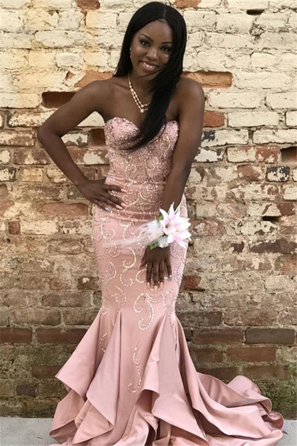 Ballbella offers all kinds of Crystal Prom Dresses online,  sort by color,  neckline or fabric. Discover more styles Pink Gorgeous Mermaid Strapless Ruffles Crystal Prom Dresses that will match you preferctly now.