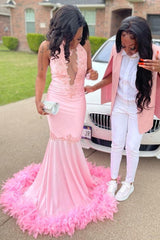 Pink Halter Gold Sequins Prom Dresses Mermaid Feather Evening Dress-Ballbella