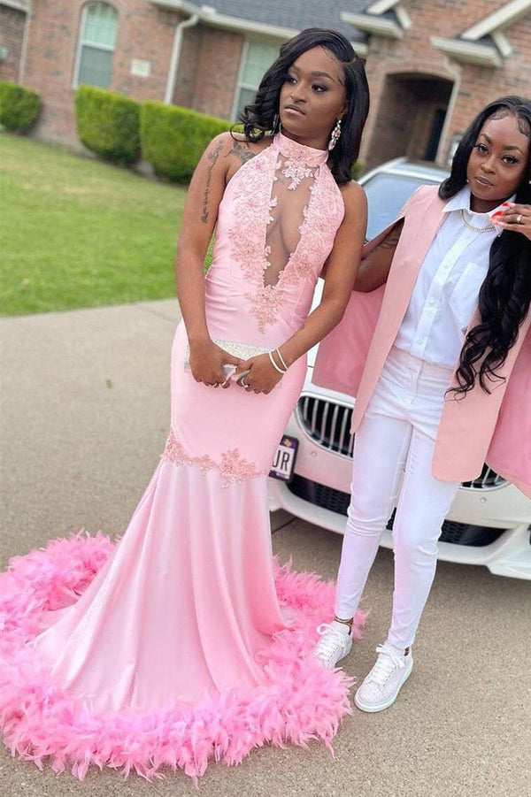 Pink Halter Gold Sequins Prom Dresses Mermaid Feather Evening Dress-Ballbella