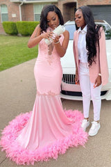 Pink Halter Gold Sequins Prom Dresses Mermaid Feather Evening Dress-Ballbella