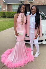 Pink Halter Gold Sequins Prom Dresses Mermaid Feather Evening Dress-Ballbella