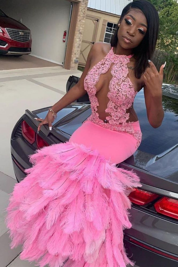 Looking for Prom Dresses, Evening Dresses in Stretch Satin,  Mermaid style,  and Gorgeous Beading, Appliques, Feathers work? Ballbella has all covered on this elegant Pink Halter Mermaid Feather Prom Party GownsAppliques Evening Dressing.