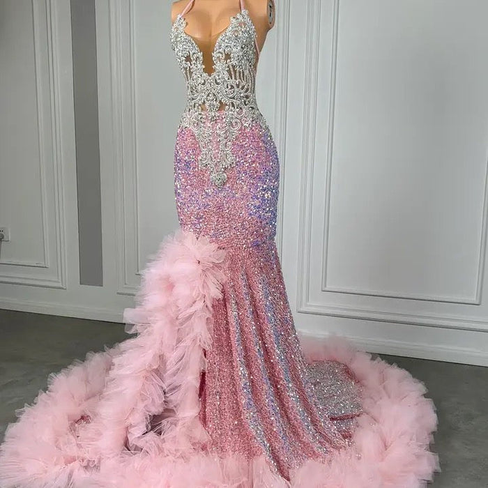 bailee glitter ruffle dress in pink Sequin Ruffled Slit Dress in Pink