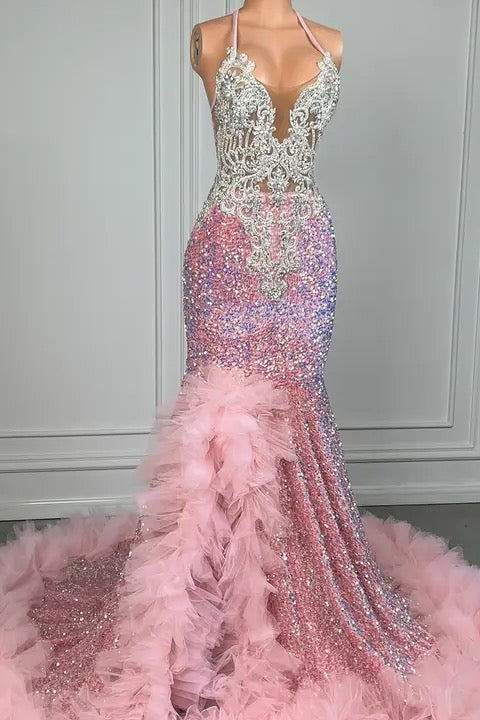 Pink Halter Mermaid Prom Dress with Sequins Beadings and Tulle Ruffle Pink Halter Mermaid Prom Dress with Sequins Beadings and Tulle Ruffle