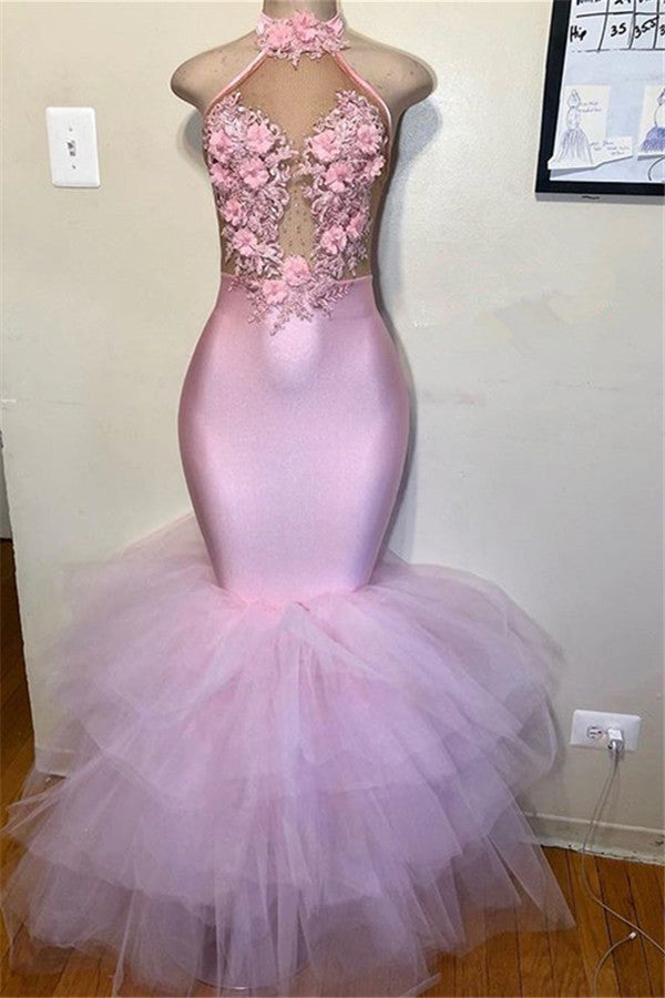 Pink Halter Sleeveless Flower Appliques Tulle Mermaid Prom Party Gowns-Ballbella