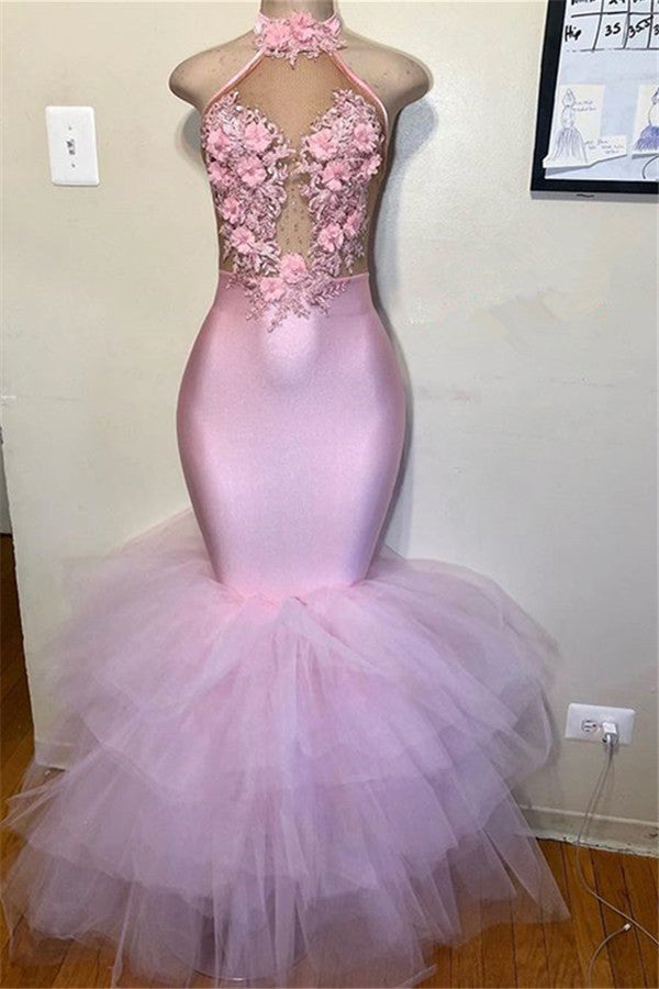 Do not know where to get Pink Halter Sleeveless Flower Appliques Tulle Mermaid Prom Party Gowns? Ballbella is here for you,  you can find all kinds of styles affordable prom dresses,  30+ colors available.