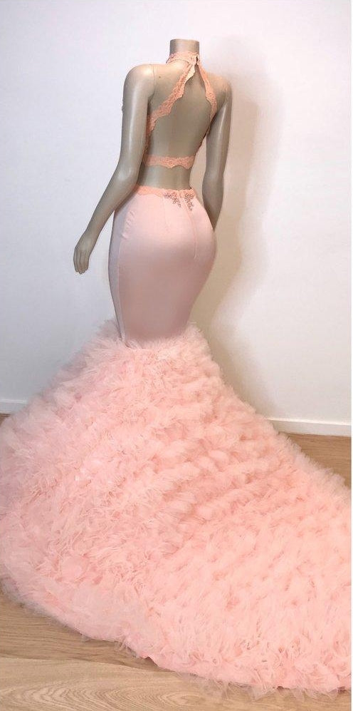 Ballbella has a great collection of Real Model Series at an affordable price. Welcome to Pink Halter Sleeveless Mermaid Prom Dresses New Arrival Chic Open Back Lace Tulle Evening Gowns.