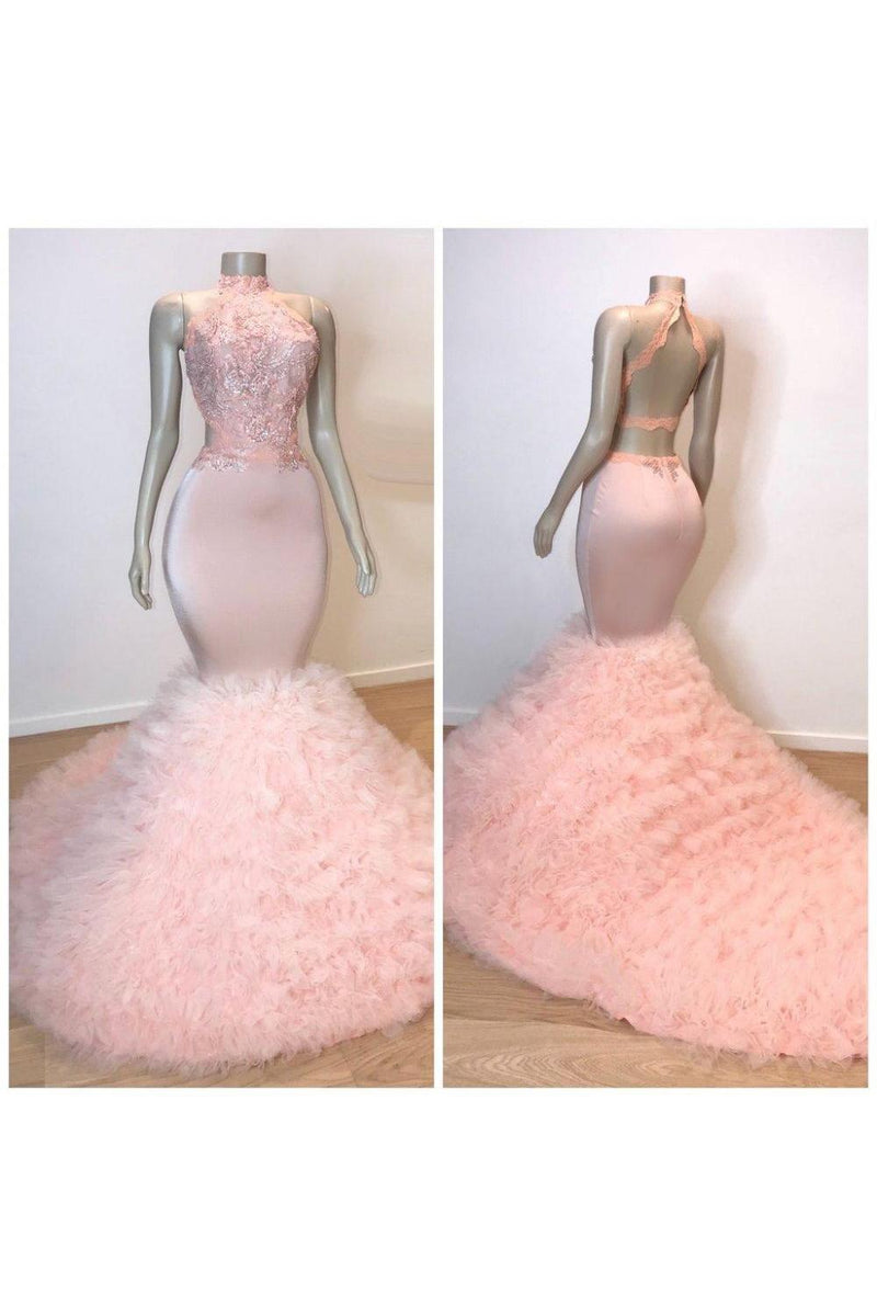 Pink Halter Sleeveless Mermaid Prom Dresses New Arrival Chic Open Back Lace Tulle Evening Gowns-Ballbella