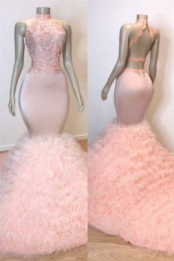 Pink Halter Sleeveless Mermaid Prom Dresses New Arrival Chic Open Back Lace Tulle Evening Gowns-Ballbella