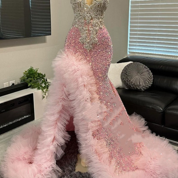 Pink Halter Tulle Ruffles High Split Prom Dresses