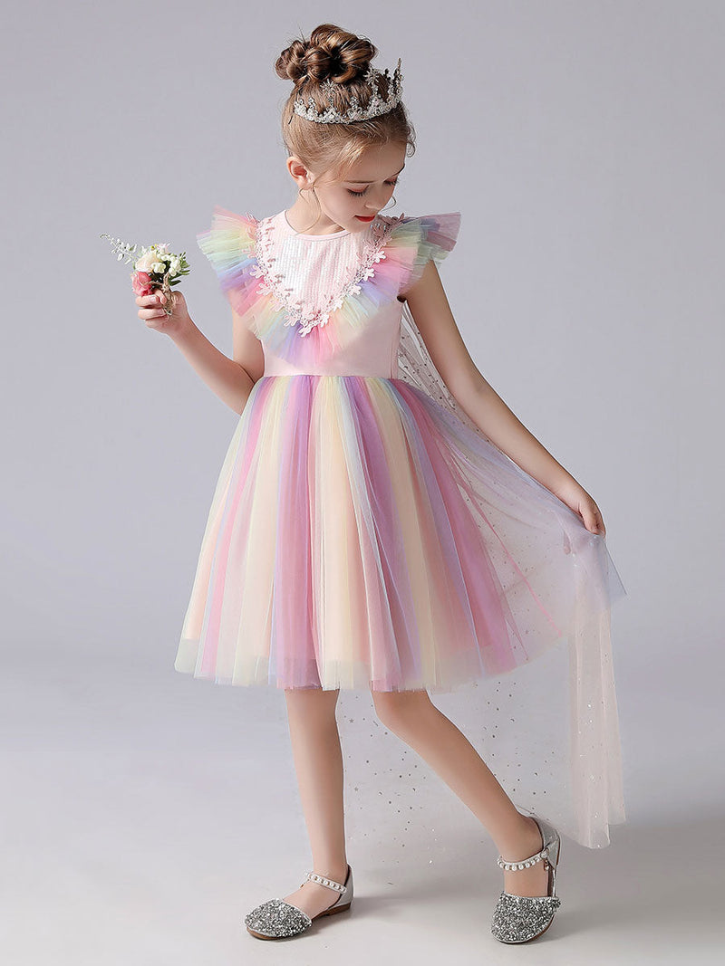 Pink Jewel Neck Short Sleeves Kids Social Party Dresses Princess Dress-Ballbella