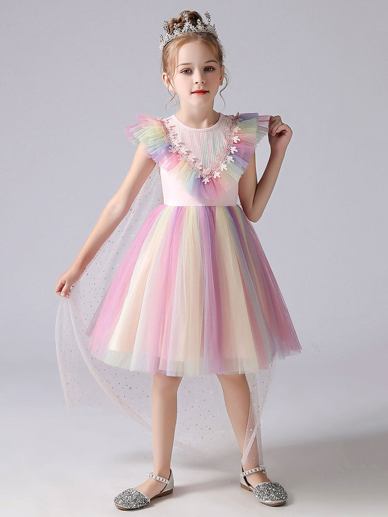 Pink Jewel Neck Short Sleeves Kids Social Party Dresses Princess Dress-Ballbella