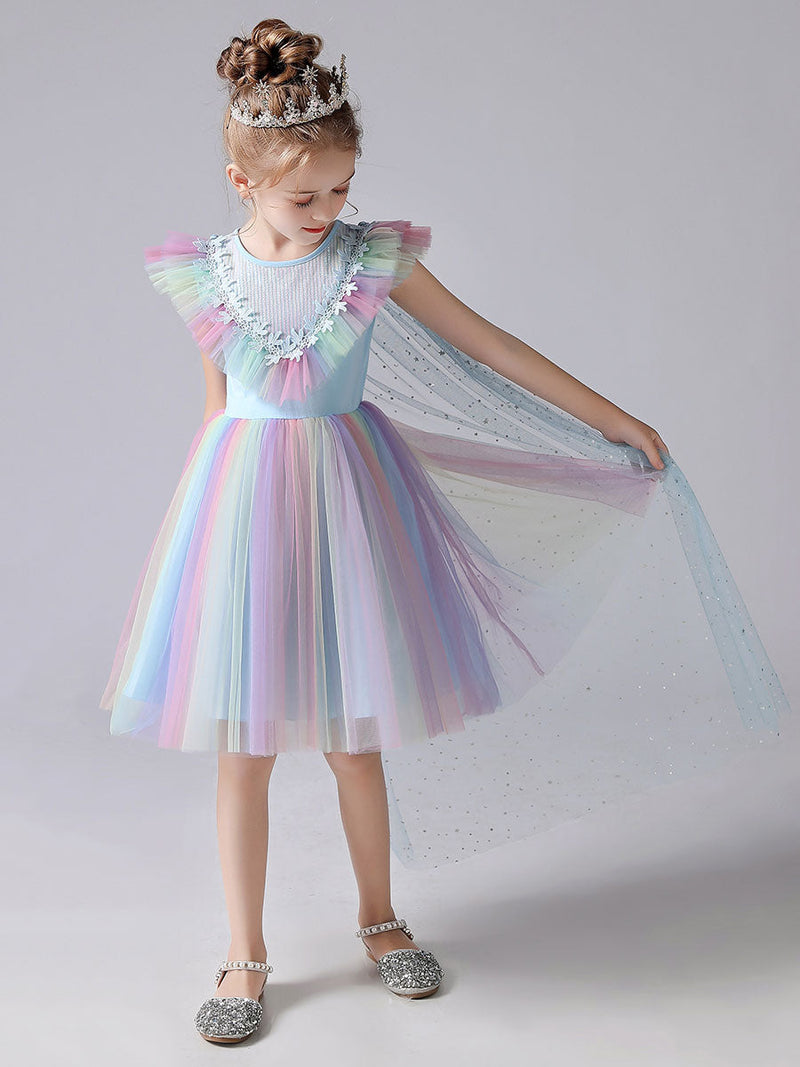 Pink flower girl dresses Jewel Neck Short Sleeves Kids Social Party Dresses Princess Dress