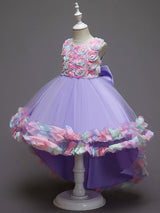Pink Jewel Neck Sleeveless Bows Flowers Tulle Polyester Cotton Formal Kids Pageant flower girl dresses-Ballbella