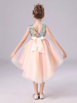 Pink Jewel Neck Tulle Sleeveless Short Princess Dress Bows Formal Kids Pageant flower girl dresses-Ballbella
