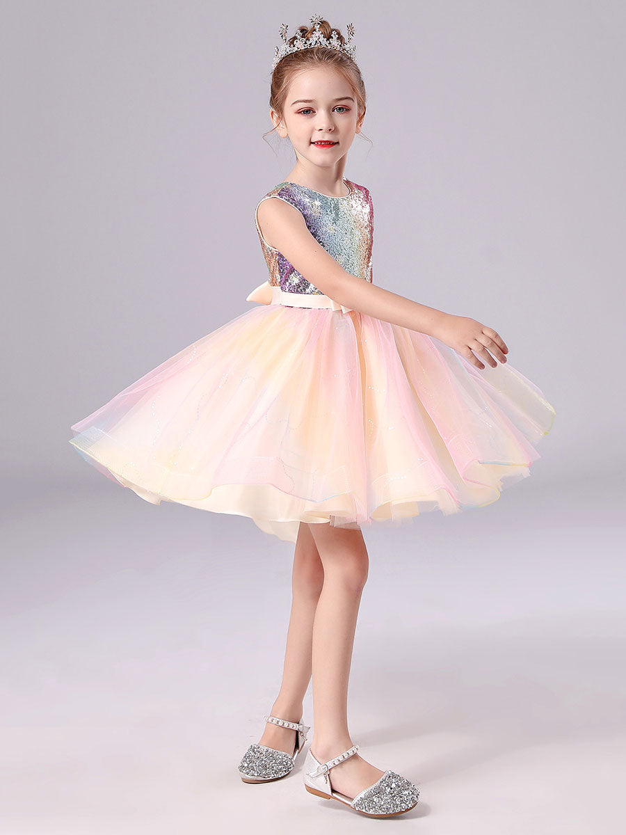 Pink Jewel Neck Tulle Sleeveless Short Princess Dress Bows Formal Kids Pageant Flower Girl Dresses, Pink / 2-3Y