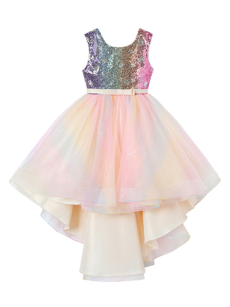 Pink Jewel Neck Tulle Sleeveless Short Princess Dress Bows Formal Kids Pageant flower girl dresses-Ballbella