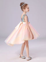 Pink flower girl dresses Jewel Neck Tulle Sleeveless Short Princess Dress Bows Formal Kids Pageant Dresses