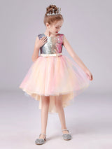 Pink flower girl dresses Jewel Neck Tulle Sleeveless Short Princess Dress Bows Formal Kids Pageant Dresses