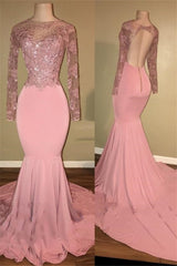 Pink Long-Sleeves Backless Beaded Mermaid Charming Prom Dresses-Ballbella