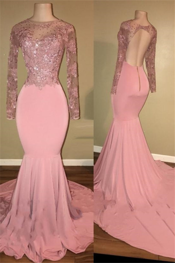 Pink Long-Sleeves Backless Beaded Mermaid Charming Prom Dresses-Ballbella