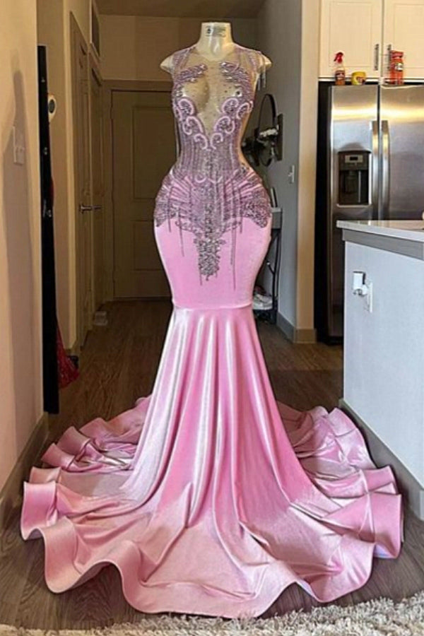 Pink Mermaid Beaded Floor Length Prom Dresses-Ballbella