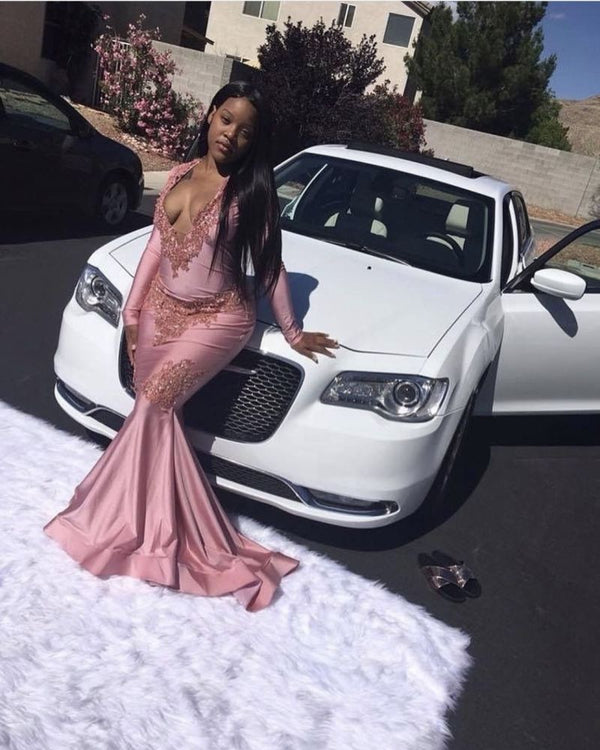 Looking for Prom Dresses, Evening Dresses in Mermaid style,  and Gorgeous Appliques work? Ballbella has all covered on this elegant Pink Mermaid Long Sleevess V-neck Floor Length Prom Dresses.