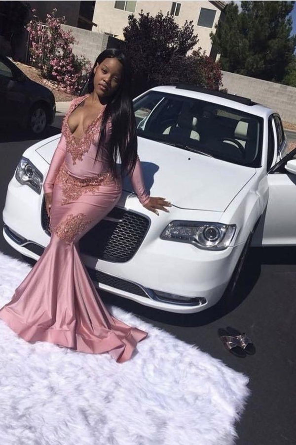 Pink Mermaid Long Sleevess V-neck Floor Length Prom Dresses-Ballbella