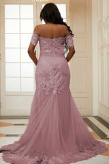 Pink Off Shoulder Tulle Appliques Side Slit Bespoke Prom Dresses-Ballbella