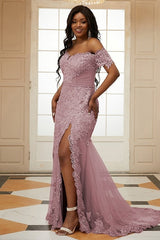 Pink Off Shoulder Tulle Appliques Side Slit Bespoke Prom Dresses-Ballbella
