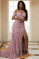 Pink Off Shoulder Tulle Appliques Side Slit Bespoke Prom Dresses-Ballbella