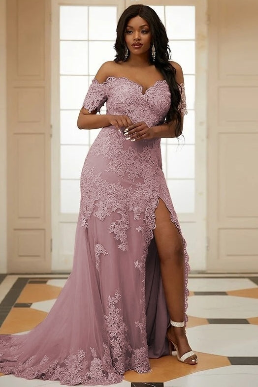 Pink Off Shoulder Tulle Appliques Side Slit Bespoke Prom Dresses-Ballbella