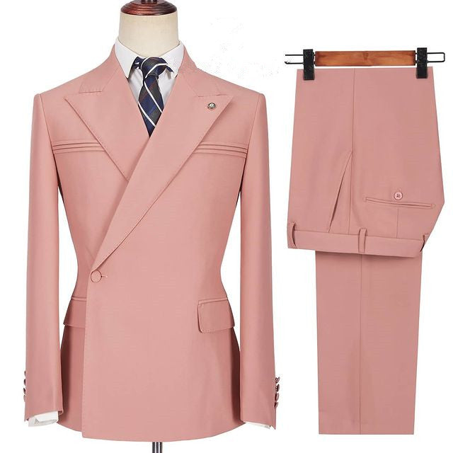 Pink Peaked Lapel Ruffles Designer Slim Fit Men's Prom Suits-Ballbella