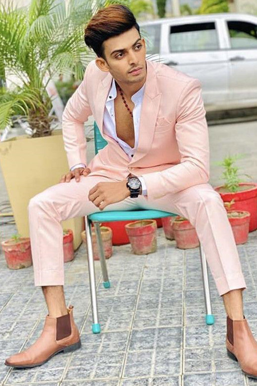 Pink Peaked Lapel Slim Fit Prom Outfits for Men-Ballbella